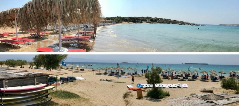 La plage Mikri Santa Maria (en haut) et New Golden Beach (en bas) sur l'île de Paros en Grèce