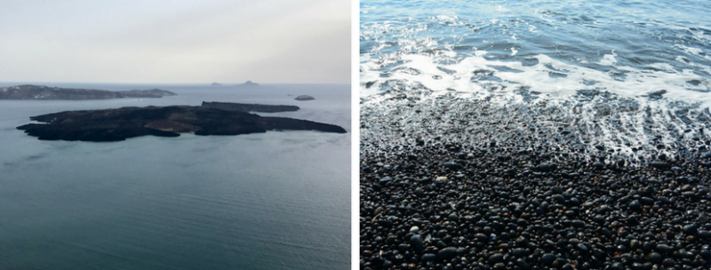 l’îlot volcanique de Nea Kameni et une plage de sable noir 