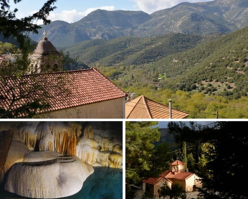 montagnes, grotte et villages vers le mont Chelmos en Grèce