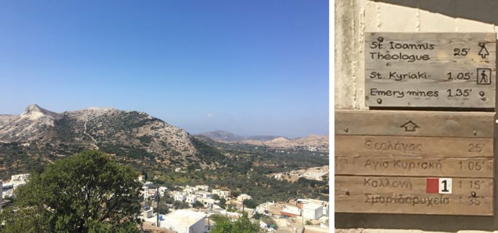 vue sur une vallée en randonnée à Naxos et panneau d'indication