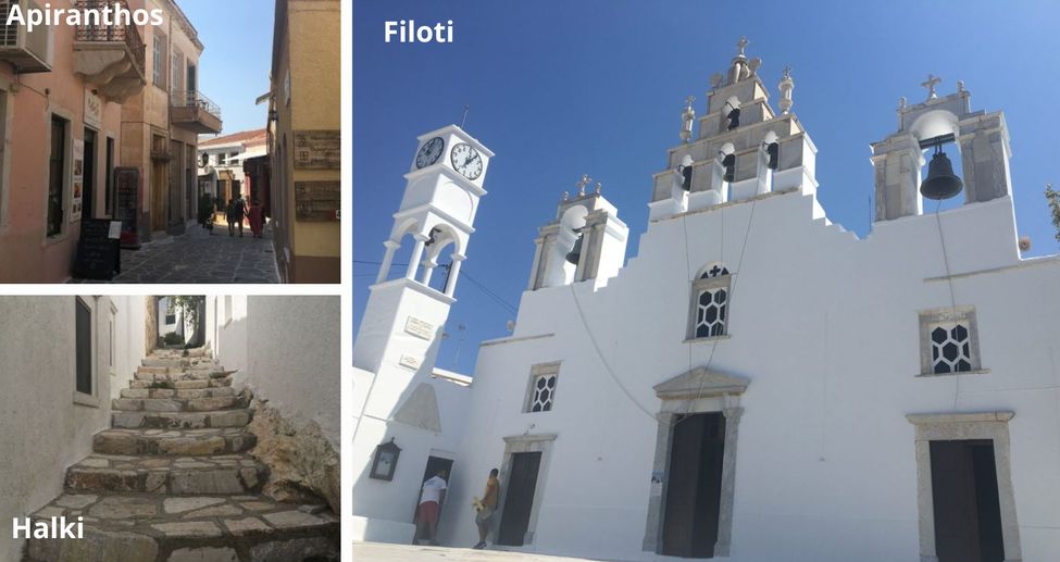 rue à Apiranthos, église à Filoti, escalier de pierre à Halki, de jolis villages à Naxos dans les Cyclades