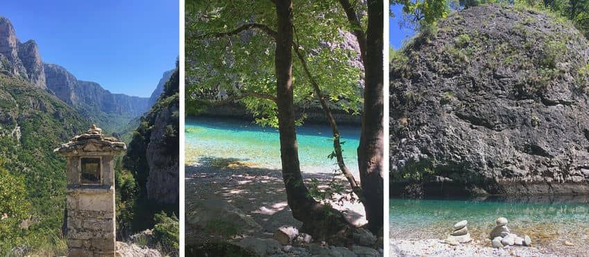 paysage sur gorges de Vikos, Randonnée du village de Vikos à la source de la rivière Voidomatis, eau translucide