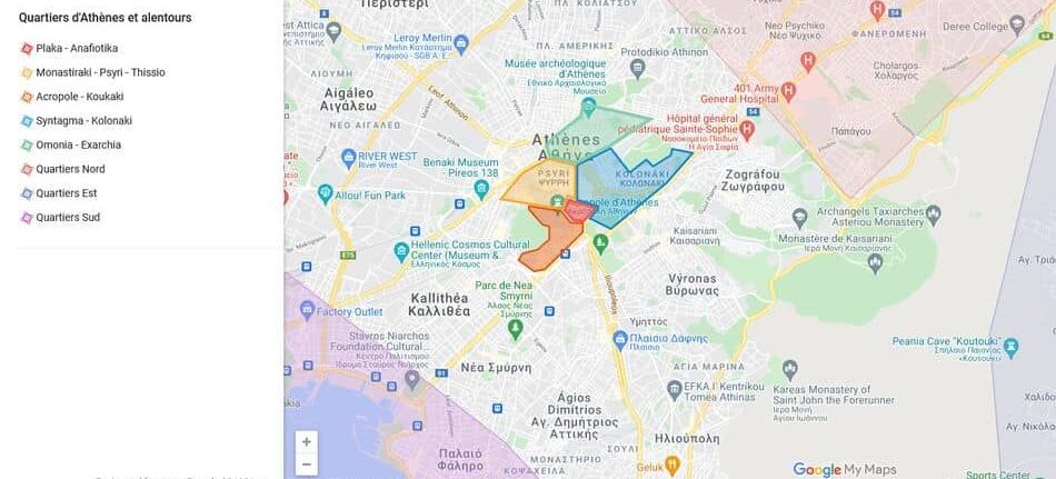 Carte des quartiers d'Athènes et ses alentours
