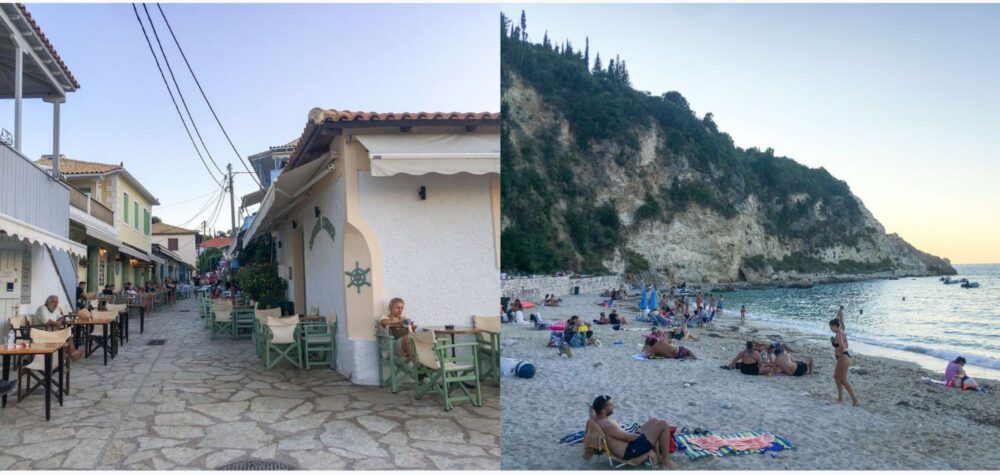 Agios Nikitas à Lefkada : rue principale avec cafés et restaurants, plage
