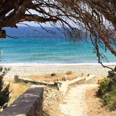 chemin menant à une plage à Tinos en Grèce. mur en pierre, olivier, camaieu de bleu mer et ciel