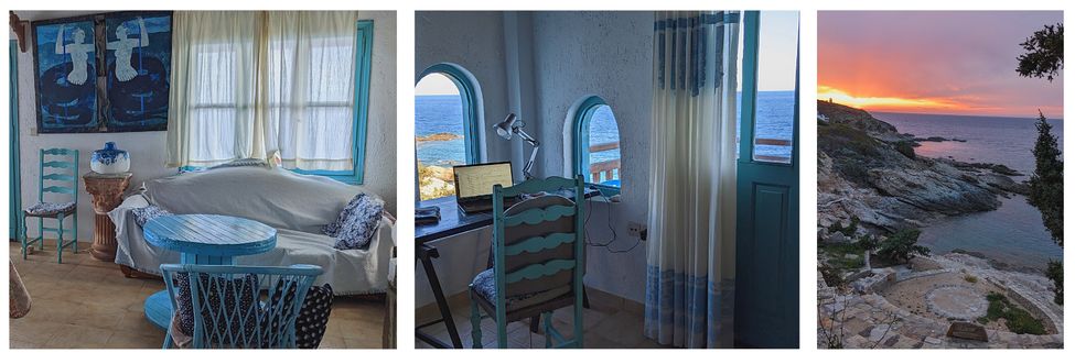 logement Airbnb face à la mer à Armenistis à Ikaria : bureau, salon et coucher de soleil