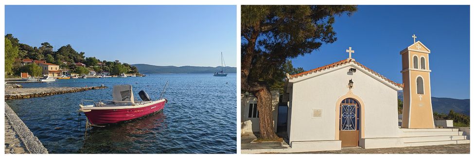 petit port avec bateau et église à Posidonio à Samos
