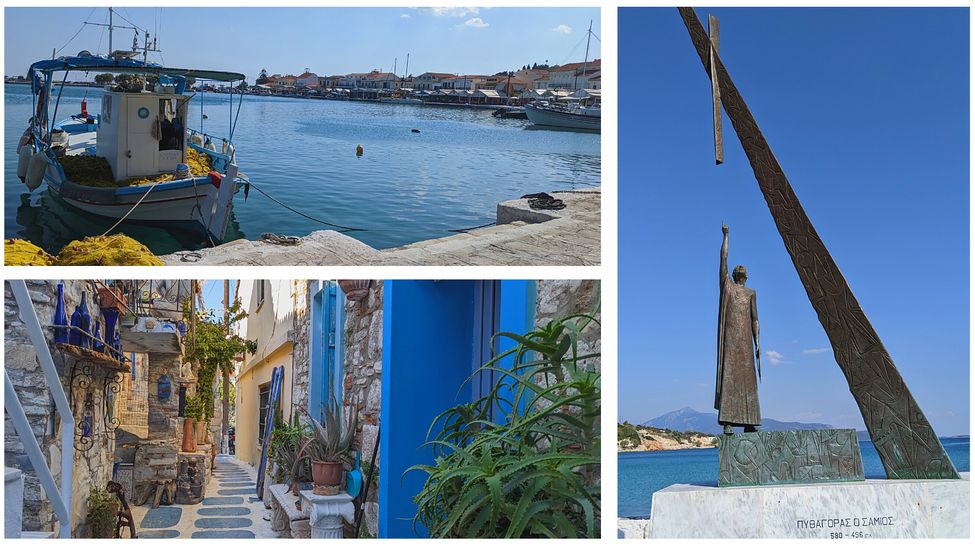 Port de Pythagorio, Blue Street et la statue de Pythagore sur l'île de Samos en Grèce