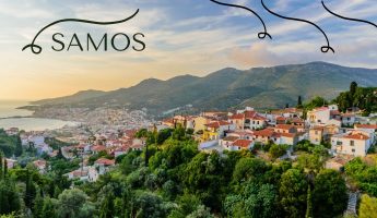 Samos, montagne, mer, sites antiques et villages. Ile grecque de la mer Egée, île verte et préservée