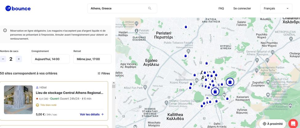 carte avec les commerçants locaux où on peut confier ses bagages à Athènes