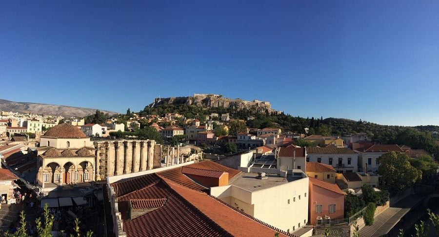 view of the Athens Acropolis from Monastiraki Square
