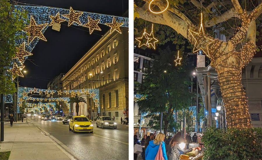 Rues illuminées d'Athènes à Noël