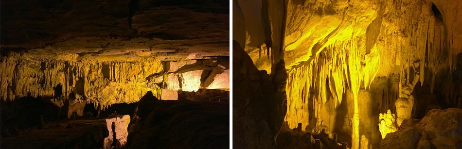 Intérieur de la grotte du Dragon à Kastoria, stalactites et stalagmites