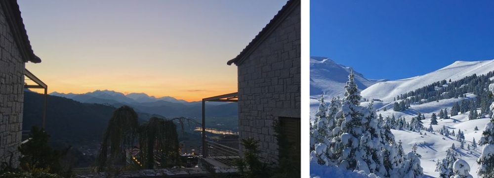 Paysage de Kalavrita en Grèce en hiver, neige, ski