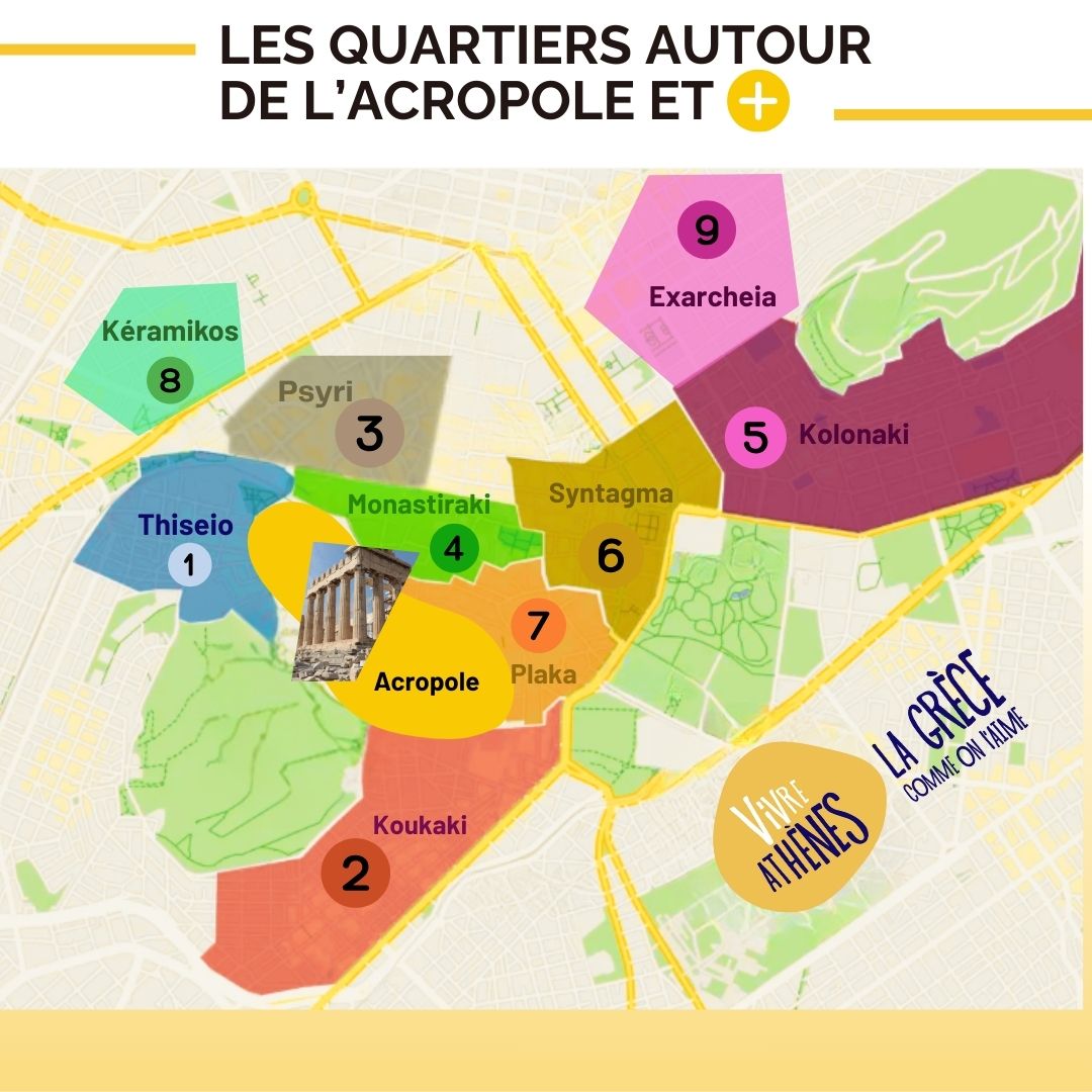 Les quartiers autour de l'Acropole à Athènes selon vivreathenes.com